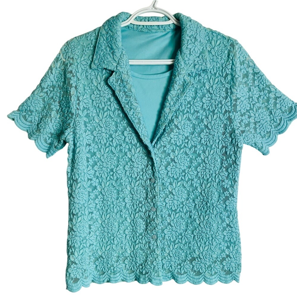 Aqua Blue Floral Lace Illusion Cardigan Top Short Sleeve Illusion Set